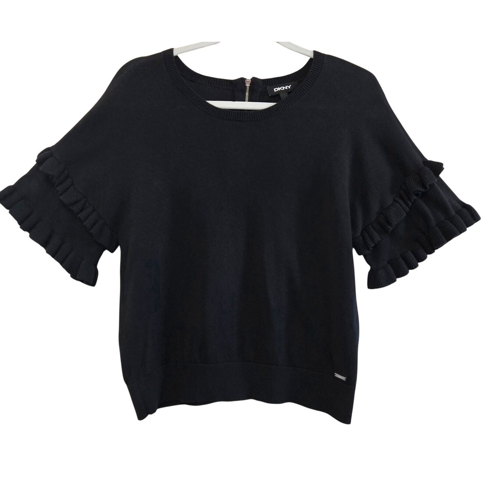 DKNY Womens Boho Chic Black Ruffle Tiered Short Sleeve Zipper Back Sweater‎ M
